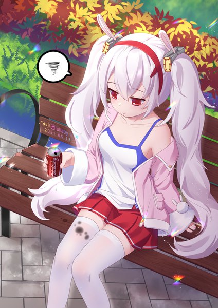 Anime picture 1358x1920 with azur lane coca-cola laffey (azur lane) xiao shi lullaby single long hair tall image blush fringe hair between eyes red eyes sitting twintails holding signed animal ears silver hair bent knee (knees) outdoors long sleeves