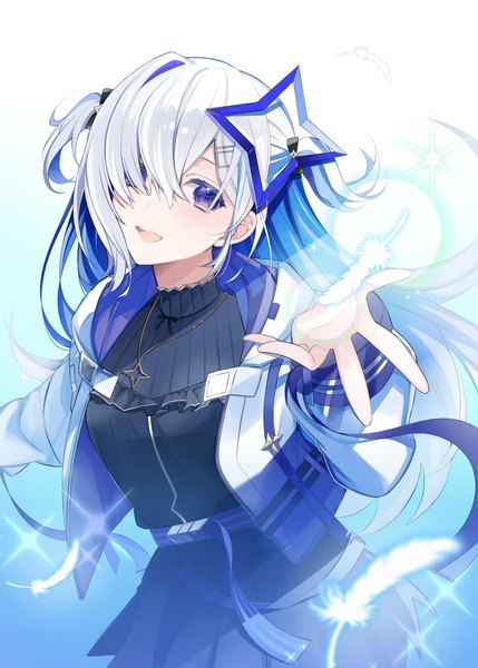 Anime picture 2893x4047 with virtual youtuber hololive amane kanata amane kanata (3rd costume) uehara (dormmmmir ) single long hair tall image looking at viewer fringe highres open mouth silver hair :d hair over one eye two side up official alternate costume outstretched hand girl pendant