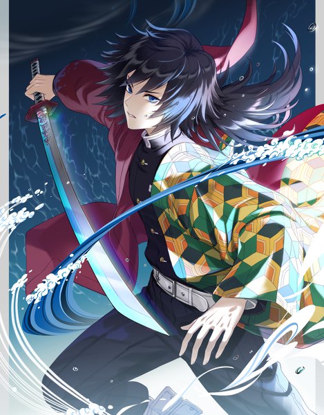 Anime picture 938x1200 with kimetsu no yaiba ufotable tomioka giyuu michi (iawei) single long hair tall image blue eyes black hair traditional clothes japanese clothes boy weapon sword water belt katana haori