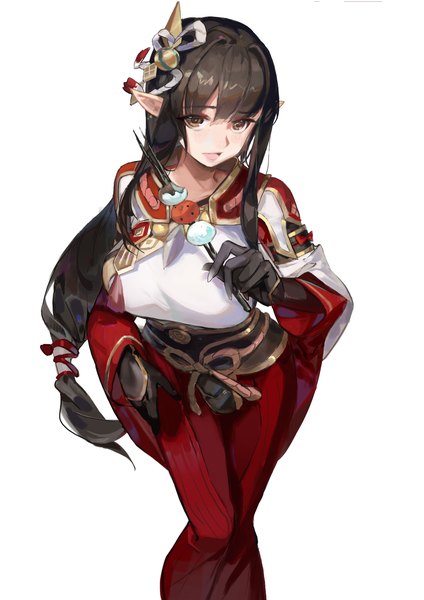 Anime picture 2000x2829 with monster hunter monster hunter rise hinoa rabbit (tukenitian) single long hair tall image looking at viewer fringe highres breasts open mouth black hair simple background smile standing white background holding brown eyes traditional clothes