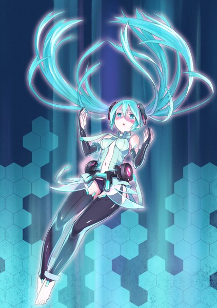 Anime picture 1748x2480 with vocaloid vocaloid append hatsune miku hatsune miku (append) mofu single long hair tall image blush highres light erotic twintails barefoot aqua eyes aqua hair looking up weightlessness girl gloves navel