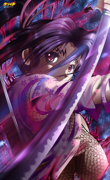 Anime picture 2000x3279 with history's strongest disciple kenichi shigure kosaka hikarinogiri single long hair tall image highres light erotic purple hair ponytail pink eyes night tattoo night sky coloring magic girl ribbon (ribbons) weapon hair ribbon