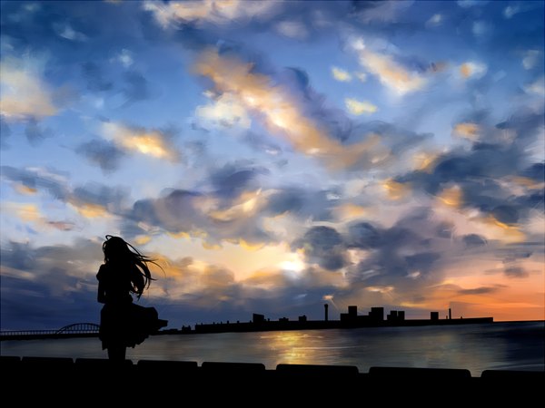 Anime picture 1000x750 with original rin (pixiv 3518566) single long hair standing cloud (clouds) wind city evening sunset cityscape silhouette morning sunrise girl dress water sea sun bridge