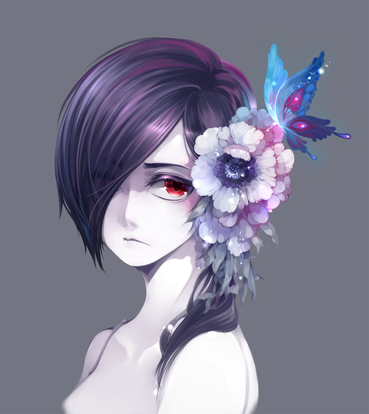Anime picture 1000x1122 with tokyo ghoul studio pierrot kirishima touka yeyeximo single long hair tall image fringe black hair simple background red eyes bare shoulders looking away hair flower hair over one eye grey background girl dress hair ornament flower (flowers)