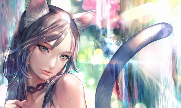 Anime picture 2181x1302 with original koneko kosodate chuu single looking at viewer highres brown hair wide image bare shoulders green eyes animal ears tail animal tail lips blurry cat ears cat girl cat tail lens flare eyebrows face