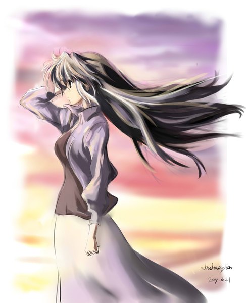 Anime picture 950x1169 with clannad key (studio) sakagami tomoyo shuhaoqian single long hair tall image fringe breasts hair between eyes large breasts standing signed payot looking away sky silver hair outdoors long sleeves profile