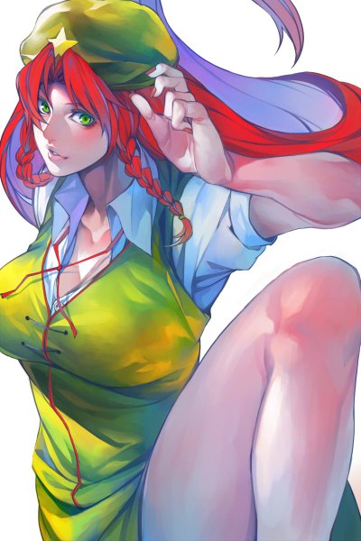 Anime picture 800x1200 with touhou hong meiling irohara mitabi single long hair tall image looking at viewer simple background white background green eyes red hair braid (braids) twin braids fighting stance girl dress beret