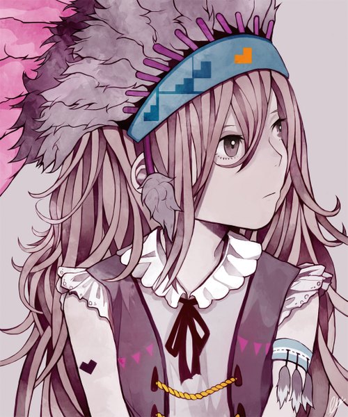 Anime picture 1049x1260 with original nanakawa (nanasoon) single long hair tall image fringe simple background brown hair looking away grey background grey eyes sleeveless girl frills headdress feather (feathers) vest native american headdress