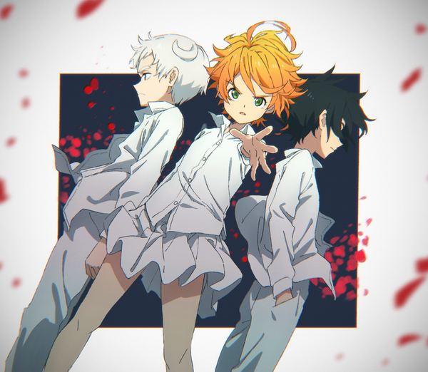 Anime picture 2000x1741 with yakusoku no neverland cloverworks emma (yakusoku no neverland) norman (yakusoku no neverland) ray (yakusoku no neverland) tomato (lsj44867) looking at viewer highres short hair open mouth blue eyes black hair simple background green eyes looking away ahoge white hair long sleeves profile pleated skirt