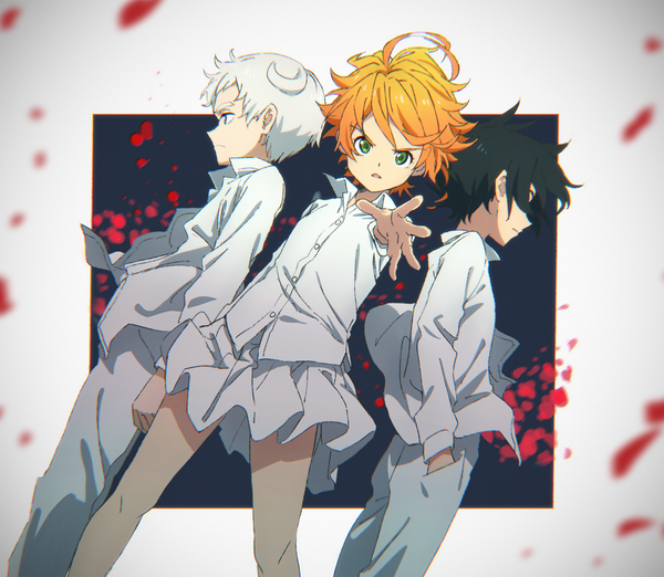 イラスト 2000x1741 と 約束のネバーランド cloverworks エマ(約ネバ) ノーマン(約ネバ) レイ(約ネバ) tomato (lsj44867) カメラ目線 highres 短い髪 開いた口 青い目 黒髪 simple background 緑の目 looking away アホ毛 white hair long sleeves プロフィール pleated skirt