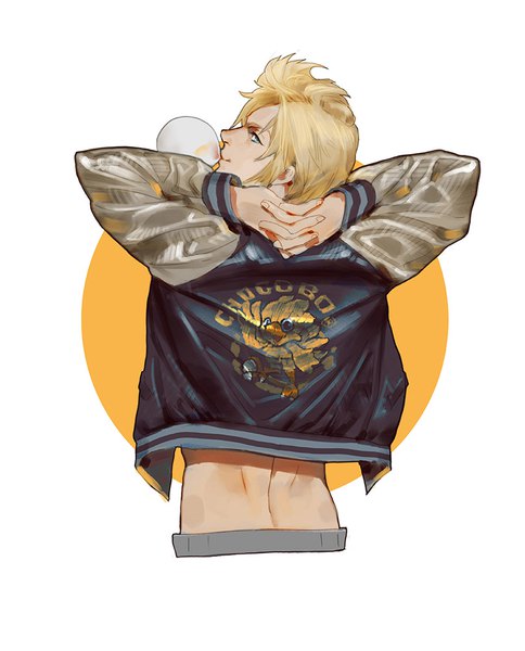 Anime picture 807x1000 with final fantasy final fantasy xv square enix chocobo prompto argentum 111111111 (leiyao) single tall image looking at viewer short hair blue eyes simple background blonde hair white background upper body looking back from behind open jacket arms behind head bubble blowing