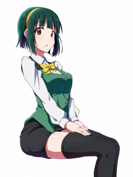 Anime picture 1100x1460 with idolmaster otonashi kotori rariemonn single tall image looking at viewer fringe short hair breasts simple background white background sitting brown eyes mole zettai ryouiki mole under mouth bob cut girl thighhighs skirt