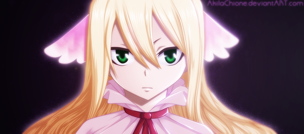 Anime picture 2025x900 with fairy tail mavis vermillion akilachione single long hair fringe highres simple background blonde hair wide image green eyes coloring portrait girl