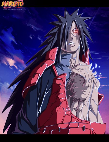 Anime picture 850x1110 with naruto studio pierrot naruto (series) uchiha madara blazing-wizard single long hair tall image fringe black hair red eyes sky cloud (clouds) hair over one eye inscription coloring torn clothes magic scar muscle