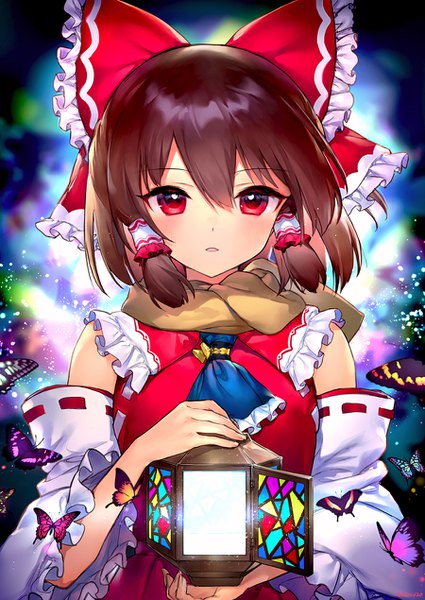 Anime picture 900x1270 with touhou hakurei reimu ainy single tall image looking at viewer blush fringe short hair hair between eyes red eyes brown hair holding upper body girl bow hair bow detached sleeves insect butterfly