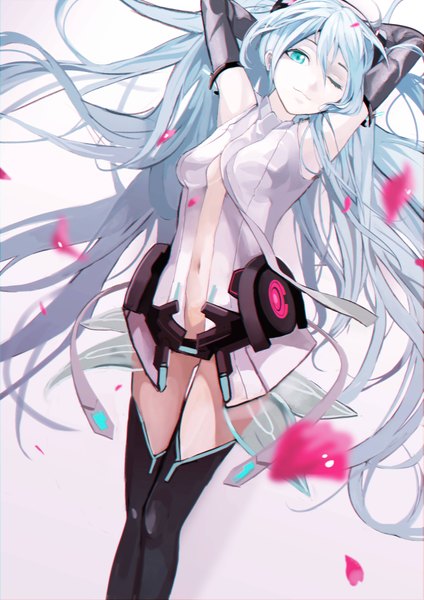 Anime picture 2894x4093 with vocaloid vocaloid append hatsune miku hatsune miku (append) tsukun112 single tall image looking at viewer highres twintails very long hair one eye closed aqua eyes wink aqua hair arms behind head girl navel detached sleeves petals
