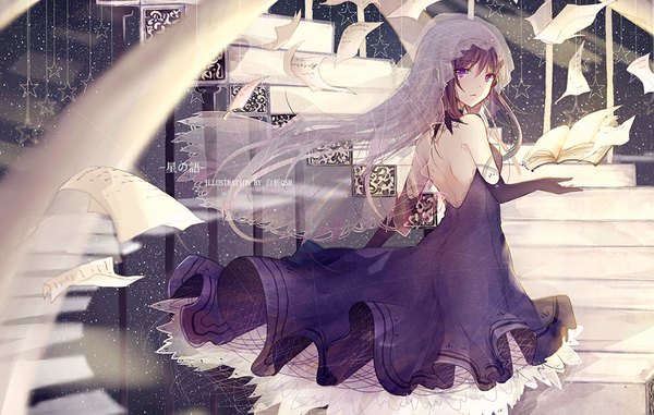 Anime picture 1000x636 with mahou shoujo madoka magica shaft (studio) akemi homura bai qi-qsr long hair looking at viewer fringe breasts standing purple eyes purple hair parted lips looking back arm up blurry alternate costume sleeveless floating hair magic eyebrows