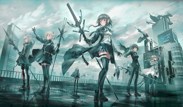 Anime picture 3000x1753 with original swav long hair highres short hair breasts black hair wide image standing sitting multiple girls holding payot looking away sky silver hair cloud (clouds) full body ahoge bent knee (knees)