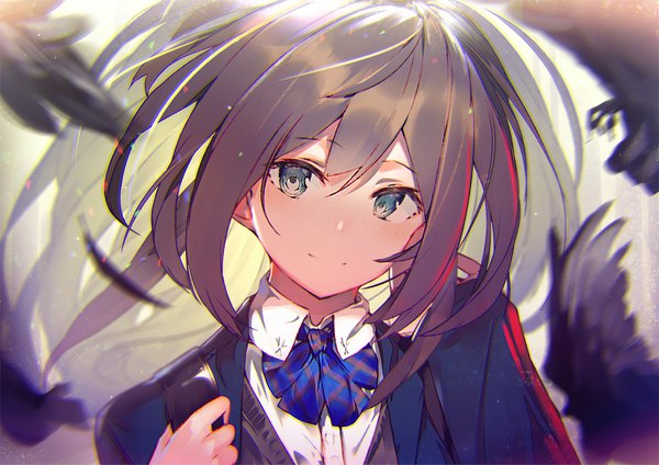 Anime picture 1676x1187 with original enj! single long hair looking at viewer blush fringe blue eyes black hair hair between eyes upper body light smile floating hair girl uniform school uniform animal shirt white shirt bowtie