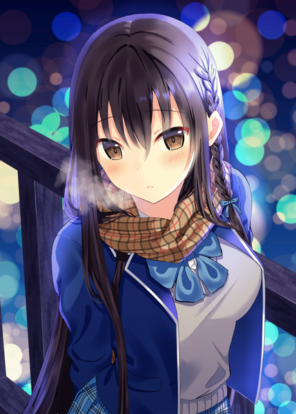 Anime-Bild 679x950 mit original toujou mina single long hair tall image looking at viewer fringe breasts hair between eyes brown hair brown eyes payot upper body braid (braids) parted lips open clothes lens flare plaid skirt side braid hands behind back