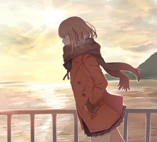 Anime picture 1000x903 with original yuki (sangeki5806) single blush fringe short hair brown hair brown eyes sky outdoors blunt bangs profile pleated skirt looking down exhalation covered mouth walking hands in pockets twilight girl