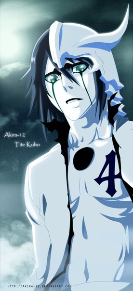 Anime picture 1000x2167 with bleach studio pierrot ulquiorra schiffer akira-12 single tall image short hair black hair green eyes cloud (clouds) horn (horns) night tattoo night sky coloring facial mark light muscle espada boy