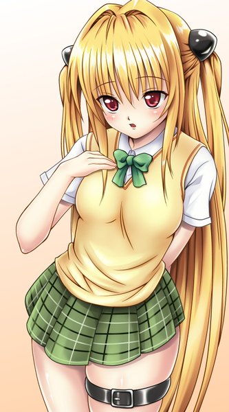 Anime picture 1000x1800 with toloveru toloveru darkness xebec konjiki no yami tamanegi (genpi) single tall image blush open mouth blonde hair red eyes very long hair girl skirt uniform school uniform miniskirt