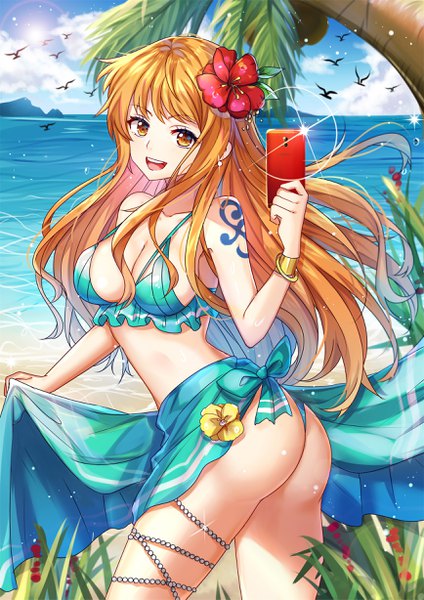 Anime picture 1736x2454 with one piece toei animation nami (one piece) shanguier single long hair tall image looking at viewer fringe highres breasts open mouth light erotic smile large breasts standing holding sky cleavage cloud (clouds)
