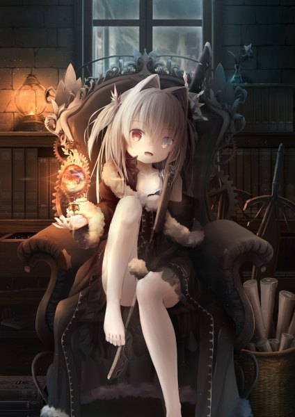 Anime picture 1722x2435 with original utatanecocoa single long hair tall image looking at viewer fringe highres open mouth hair between eyes red eyes sitting holding silver hair full body bent knee (knees) indoors head tilt :d barefoot
