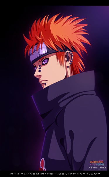 Anime picture 1323x2134 with naruto studio pierrot naruto (series) pain (naruto) deva path iitheluciferii single tall image short hair purple eyes orange hair inscription piercing coloring letterboxed purple background akatsuki rinnegan boy cloak