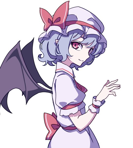 Anime picture 3158x3508 with touhou remilia scarlet kame (kamepan44231) single tall image looking at viewer highres short hair simple background smile red eyes white background absurdres purple hair pointy ears bat wings girl hat wings bonnet
