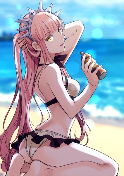 Anime picture 1300x1839 with fate (series) fate/grand order medb (fate) medb (swimsuit saber) (fate) shimo (s kaminaka) single long hair tall image looking at viewer fringe breasts open mouth light erotic holding yellow eyes payot pink hair sky bent knee (knees) outdoors