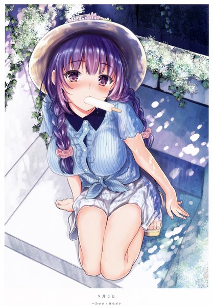Anime picture 5256x7557 with original yu yu single long hair tall image looking at viewer blush highres purple eyes absurdres purple hair braid (braids) scan official art squat girl skirt hat food sweets