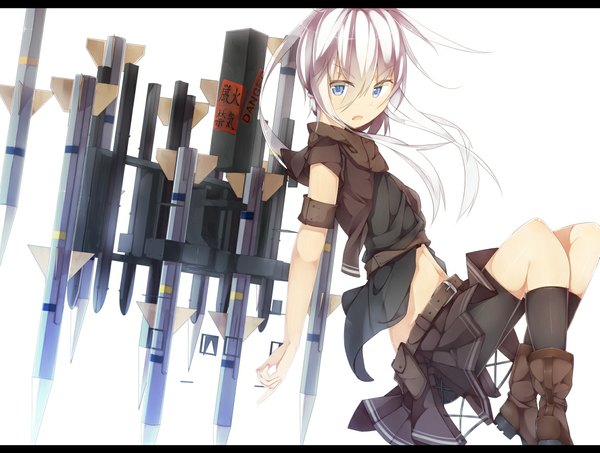 Anime picture 1149x868 with original and dokari single long hair looking at viewer open mouth blue eyes simple background white background white hair girl skirt weapon shirt socks boots belt black socks leggings
