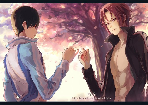 Anime picture 1000x707 with free! kyoto animation matsuoka rin nanase haruka (free!) gin-uzumaki fringe short hair blue eyes black hair hair between eyes red eyes signed pink hair upper body outdoors profile pink eyes open clothes open jacket multiple boys