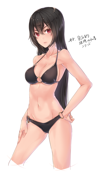 Anime picture 679x1189 with kantai collection nagato battleship kyara36 single long hair tall image light erotic black hair simple background red eyes standing white background bare shoulders bare belly bare legs hand on hip girl underwear panties swimsuit