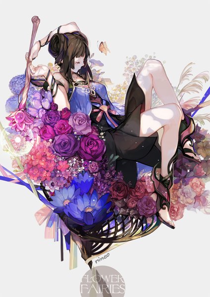 Anime picture 600x849 with original nineo single tall image fringe black hair holding eyes closed hair bun (hair buns) hime cut girl dress flower (flowers) ribbon (ribbons) hair ribbon shoes rose (roses) insect butterfly red rose