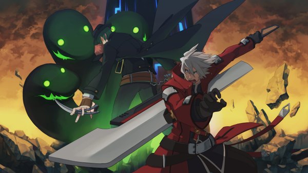 Anime picture 1920x1080 with blazblue blazblue phase 0 ragna the bloodedge hazama yuuki kz-kura highres open mouth wide image white hair green hair from behind screaming boy gloves weapon hat cloak knife monster