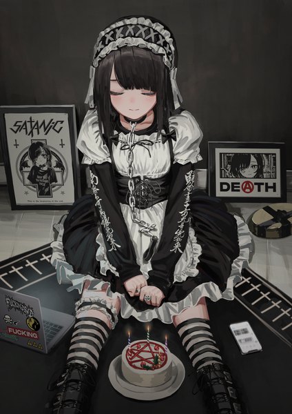 Anime picture 2894x4093 with original nadegata single long hair tall image fringe highres black hair smile sitting blunt bangs eyes closed long sleeves puffy sleeves text flat chest striped english lolita fashion clothes writing