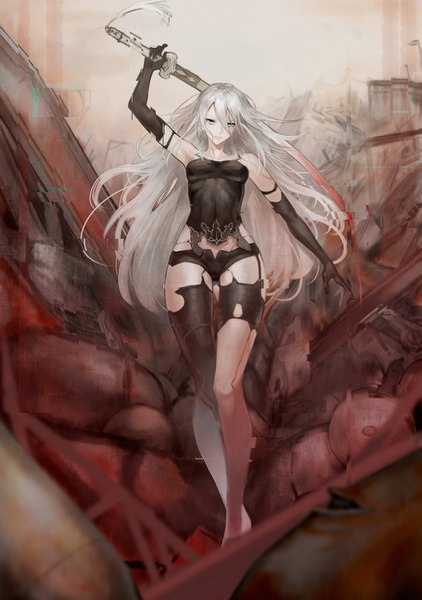 Anime picture 979x1393 with nier nier:automata yorha type a no. 2 mins (minevi) single long hair tall image looking at viewer fringe breasts light erotic hair between eyes holding silver hair aqua eyes lips mole short sleeves legs mole under mouth
