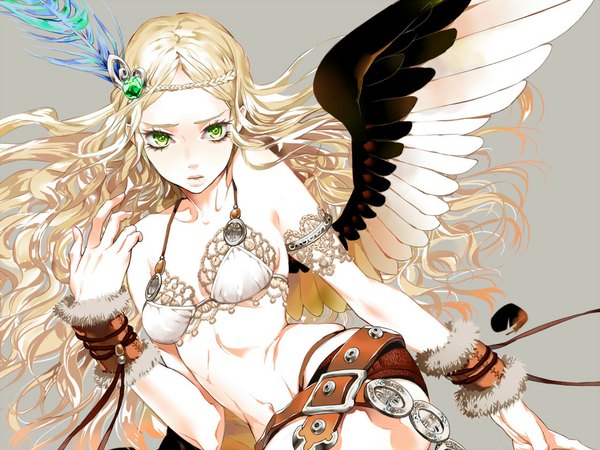 Anime picture 1120x840 with original gin shari dobin single long hair simple background blonde hair green eyes braid (braids) grey background girl navel hair ornament ribbon (ribbons) wings bracelet belt feather (feathers) bikini top crystal