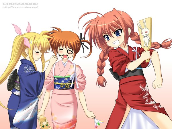 Anime picture 1024x768 with mahou shoujo lyrical nanoha fate testarossa takamachi nanoha vita masakichi (crossroad) long hair twintails braid (braids) japanese clothes twin braids face paint girl kimono