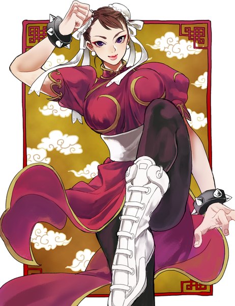 Anime picture 693x900 with street fighter capcom chun-li halu-ca single tall image looking at viewer short hair smile brown hair purple eyes traditional clothes hair bun (hair buns) chinese clothes eyebrows framed fighting stance alternate color girl dress