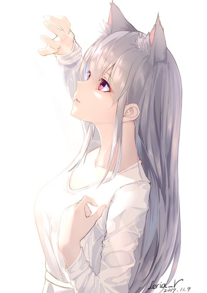 Anime picture 1413x2000 with original leria v single long hair tall image fringe breasts simple background hair between eyes white background purple eyes signed animal ears silver hair upper body long sleeves parted lips arm up cat ears cat girl