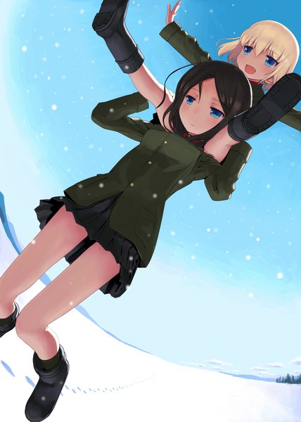 Anime picture 1600x2241 with girls und panzer katyusha (girls und panzer) nonna (girls und panzer) mocha (snowflake) long hair tall image blush short hair open mouth blue eyes black hair blonde hair smile sitting multiple girls sky from below dutch angle happy snowing