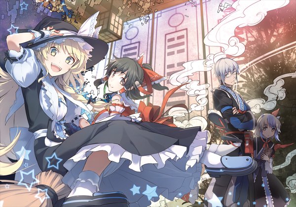 Anime picture 1110x777 with touhou hakurei reimu kirisame marisa morichika rinnosuke tokiko (touhou) eho (icbm) long hair looking at viewer short hair open mouth blonde hair smile brown hair multiple girls holding brown eyes animal ears yellow eyes blue hair silver hair