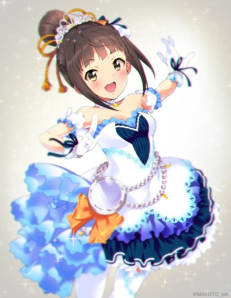 Anime picture 700x900 with idolmaster idolmaster cinderella girls idolmaster cinderella girls starlight stage hamaguchi ayame mizuki makoto single tall image blush fringe short hair open mouth brown hair bare shoulders signed yellow eyes payot grey background sparkle hair bun (hair buns) outstretched arm