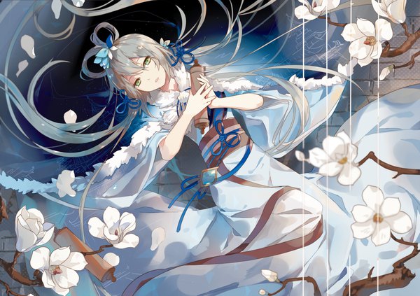 Anime picture 1100x777 with vocaloid vocaloid china luo tianyi fre single fringe hair between eyes green eyes very long hair traditional clothes head tilt japanese clothes from above grey hair fur trim hair rings girl flower (flowers) kimono fur