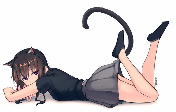 Anime picture 1974x1252 with original amekaze yukinatsu single looking at viewer highres short hair light erotic brown hair purple eyes signed animal ears tail lying animal tail cat ears cat girl cat tail no shoes on stomach legs up