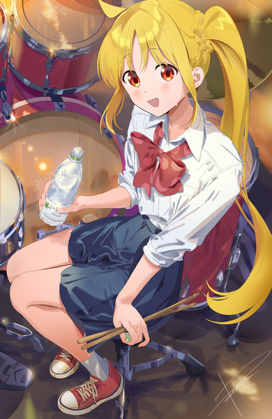 Anime picture 1376x2118 with bocchi the rock! cloverworks ijichi nijika poligon (046) single long hair tall image open mouth blonde hair red eyes sitting full body ahoge :d from above side ponytail girl uniform school uniform shoes